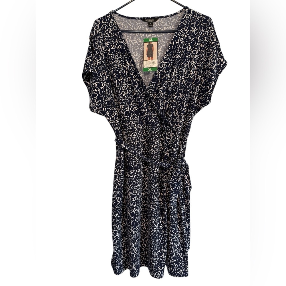 Nicole Miller Navy & White Patterned Faux Wrap Dress XL NWT